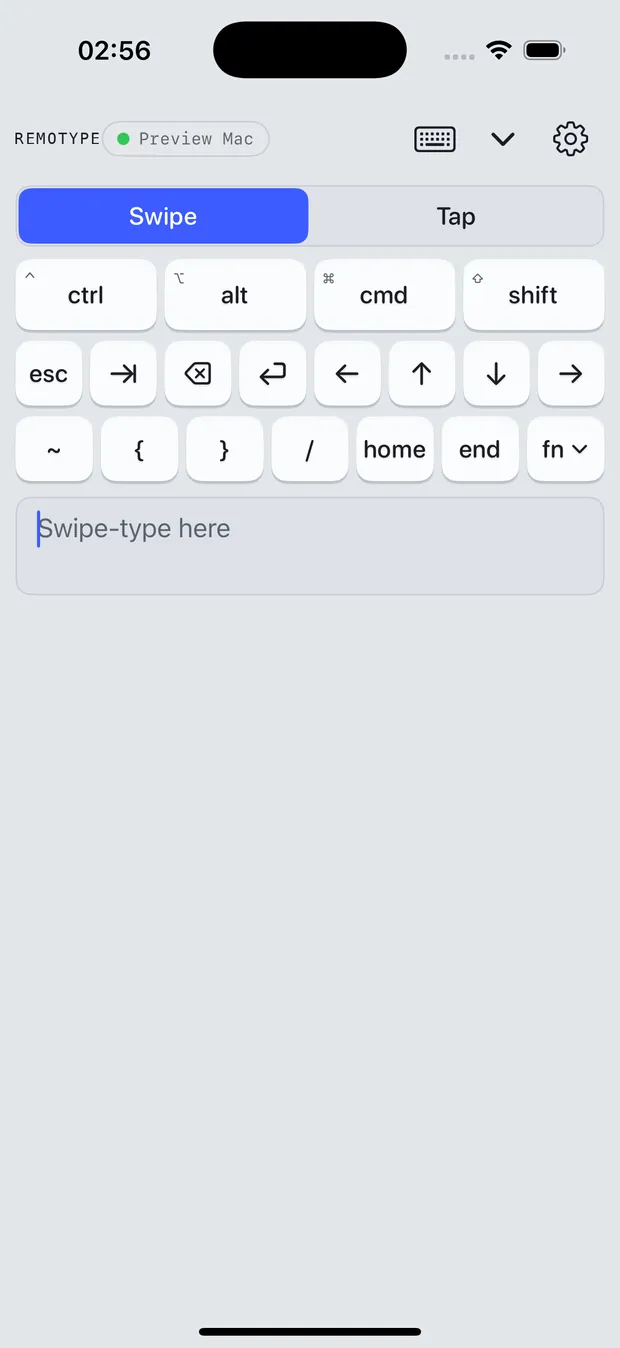 Remotype's keyboard deck in light mode: modifier keys, navigation cluster and the swipe-typing field.
