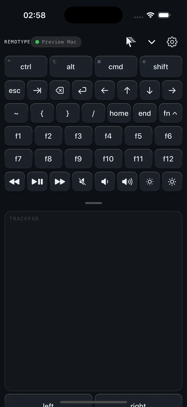 The Fn drawer open in dark mode: F1 to F12 and media keys for volume, brightness and playback.